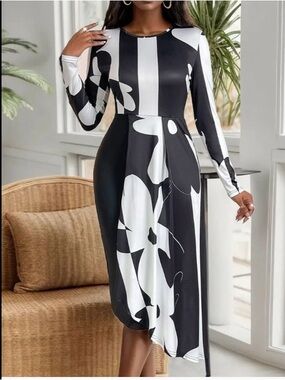 Black & White Long Sleeve Floral Stripe Midi Dress